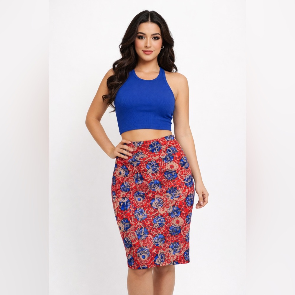 NWT LuLaRoe Red Tan Blue Floral Pencil Skirt